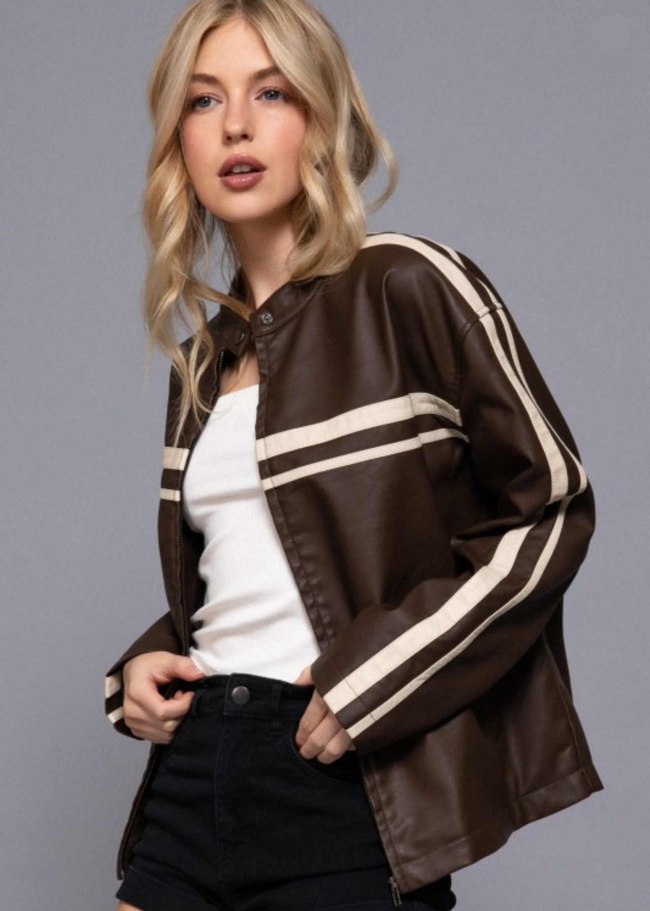 Brown Washed Effect Faux Leather Jacket