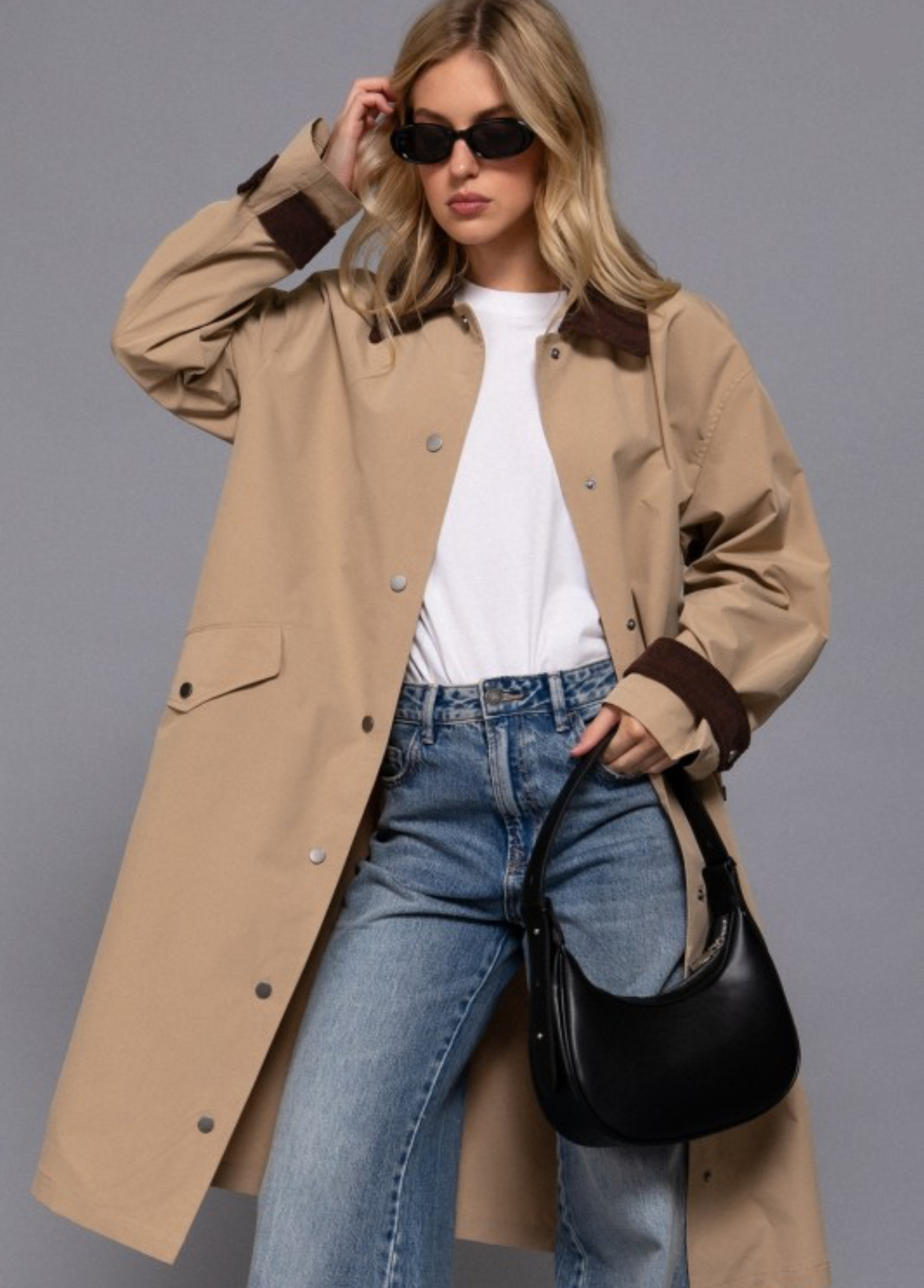 Active Basic Beige Trench Coat with Dark Brown Details