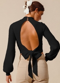 Black Open Back Tie Bow Sweater With Puff Sleeves