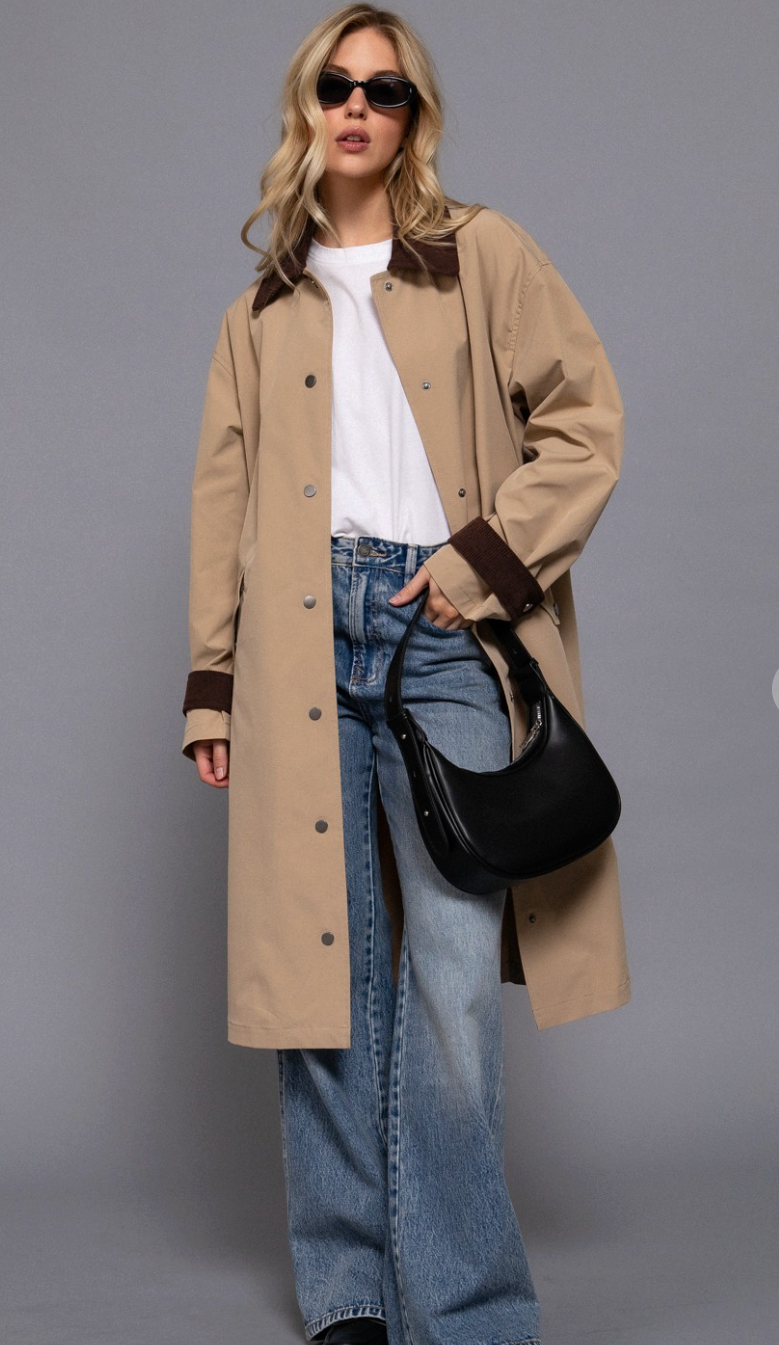 Active Basic Beige Trench Coat with Dark Brown Details