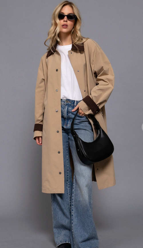 Active Basic Beige Trench Coat with Dark Brown Details