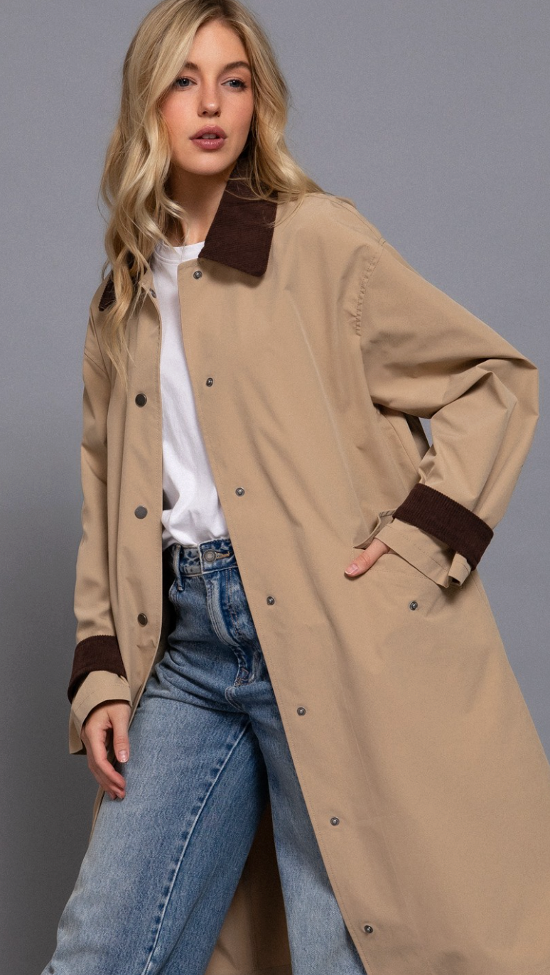 Active Basic Beige Trench Coat with Dark Brown Details