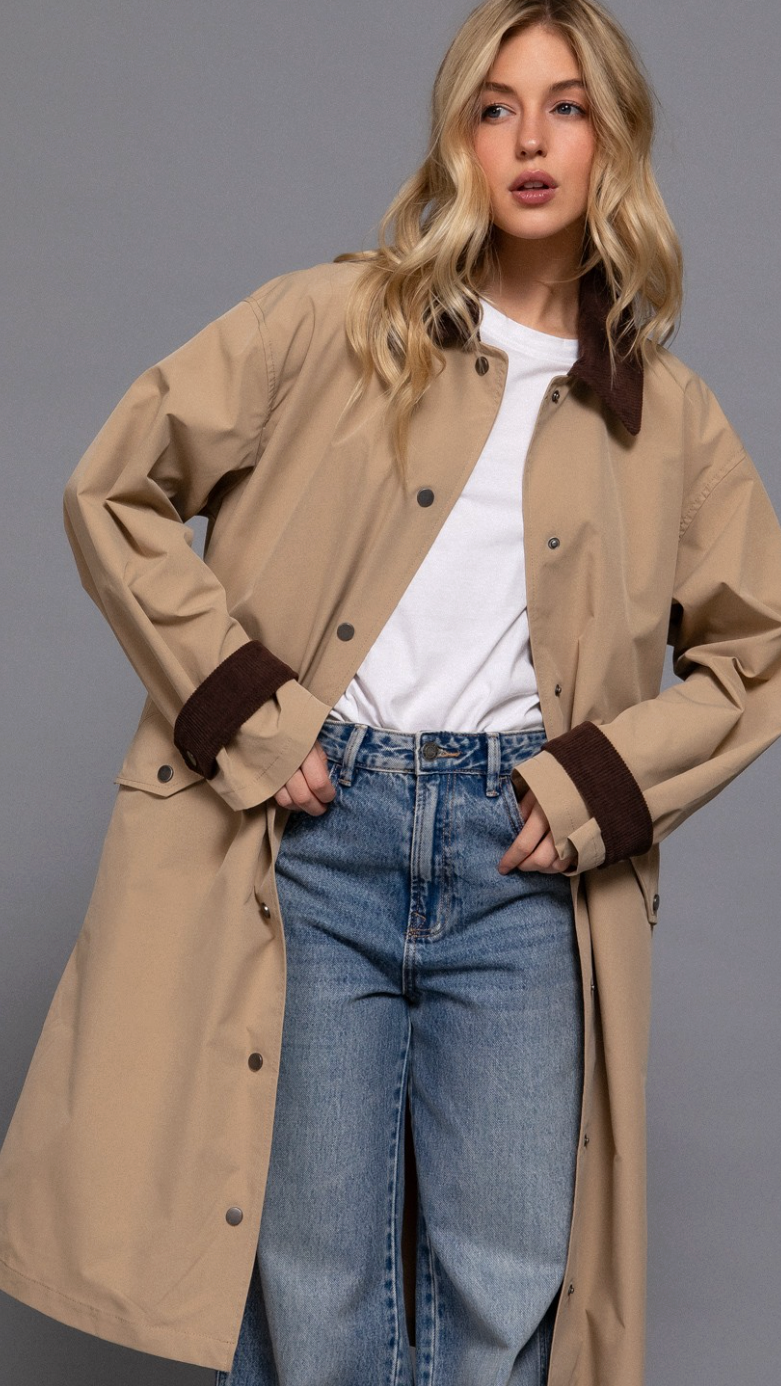 Active Basic Beige Trench Coat with Dark Brown Details
