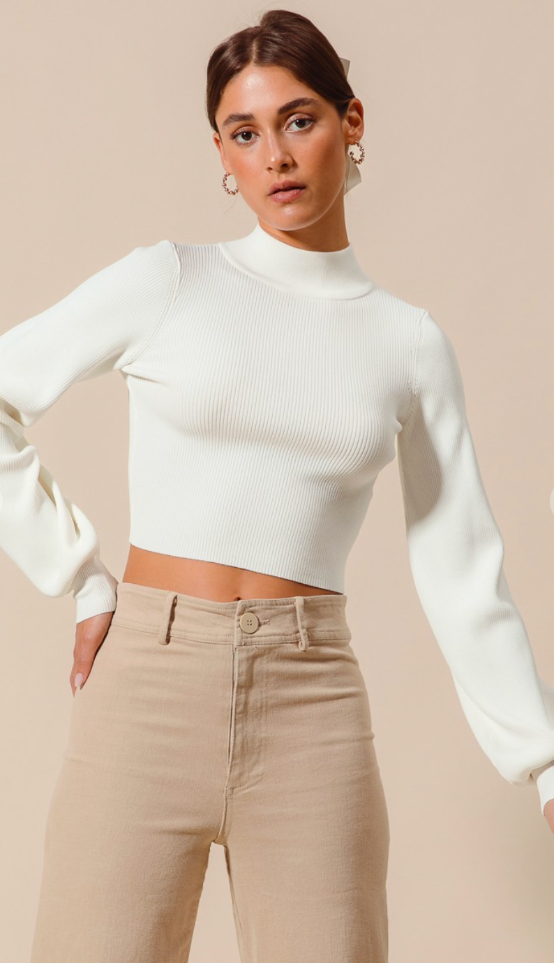 Black Open Back Tie Bow Sweater With Puff Sleeves