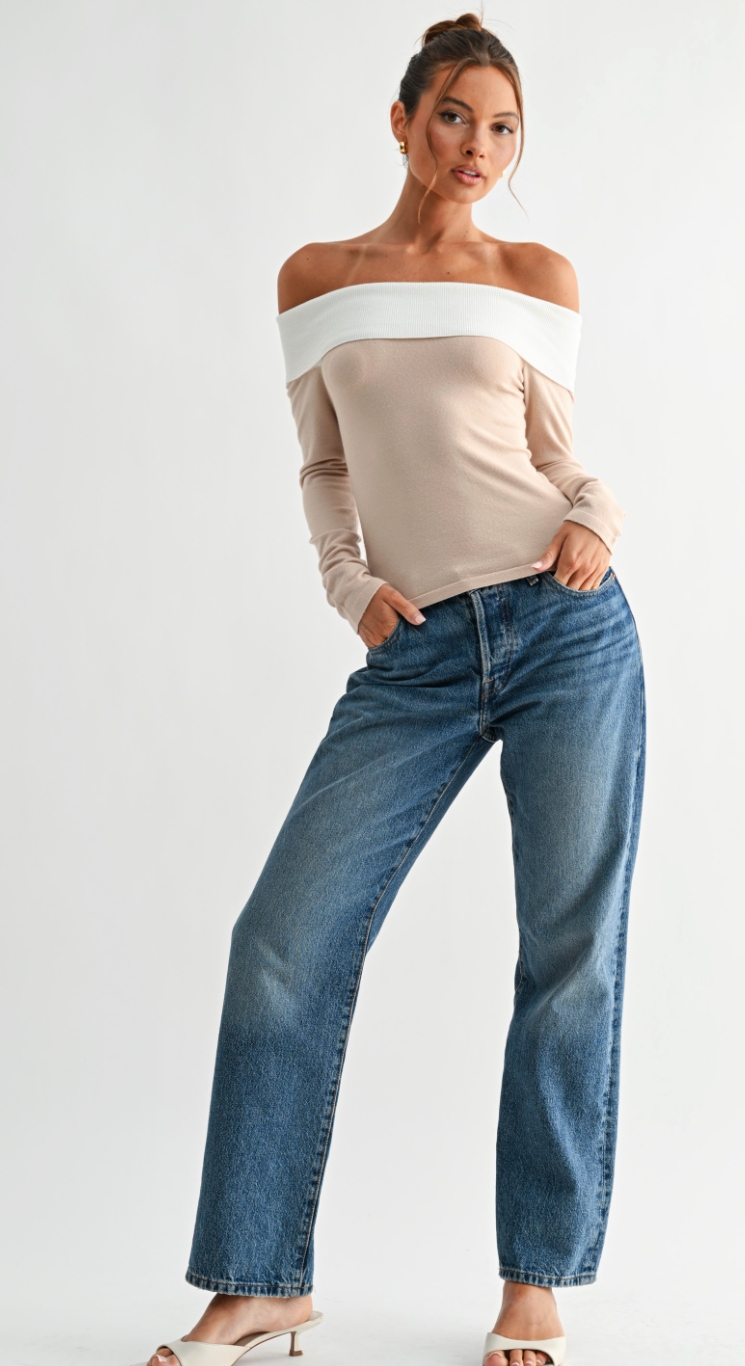 Two-tone Off-shoulder Knit Top