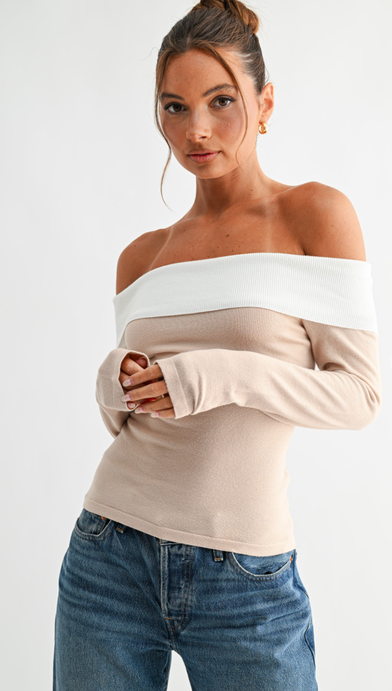 Two-tone Off-shoulder Knit Top
