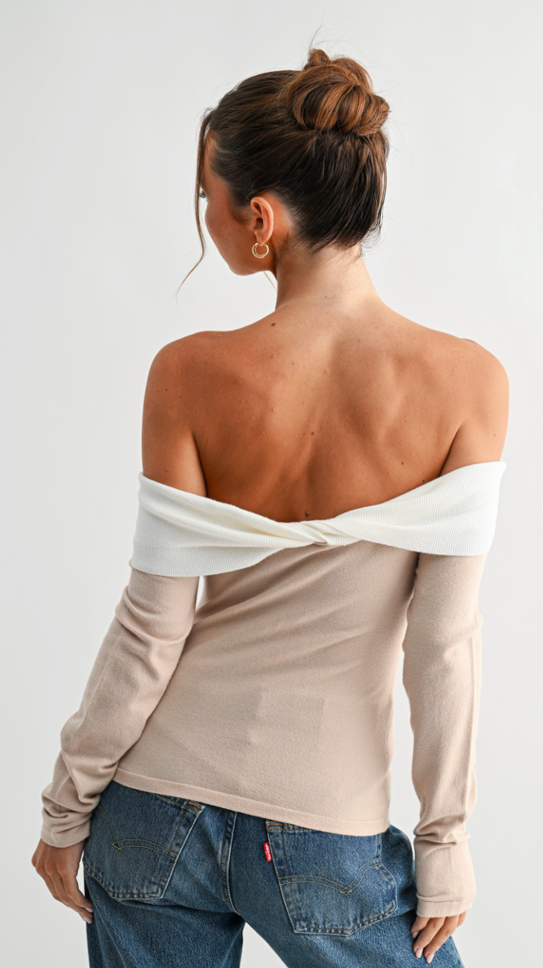 Two-tone Off-shoulder Knit Top