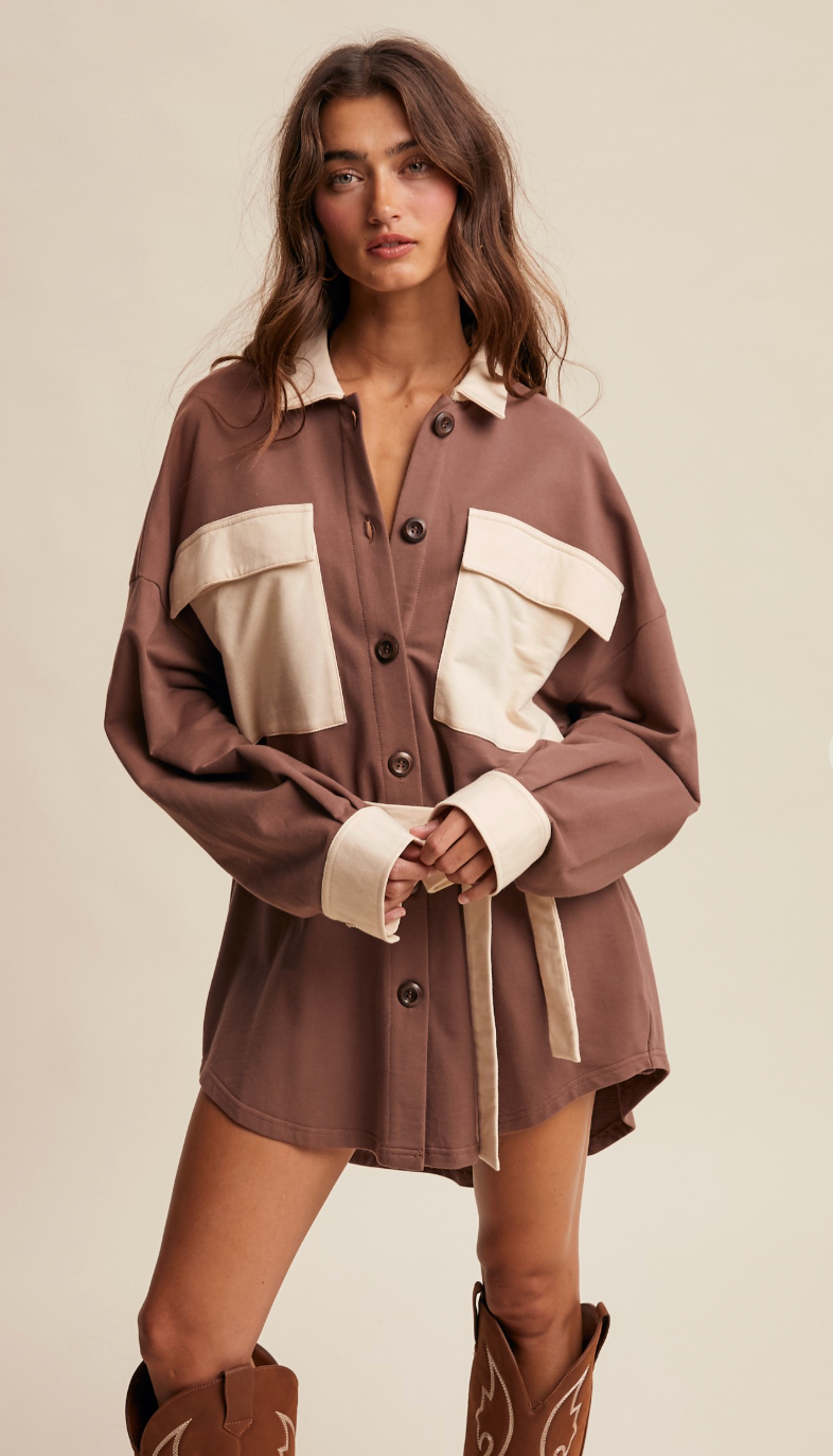 Brown Contrast Belted Shirt Jacket Shacket