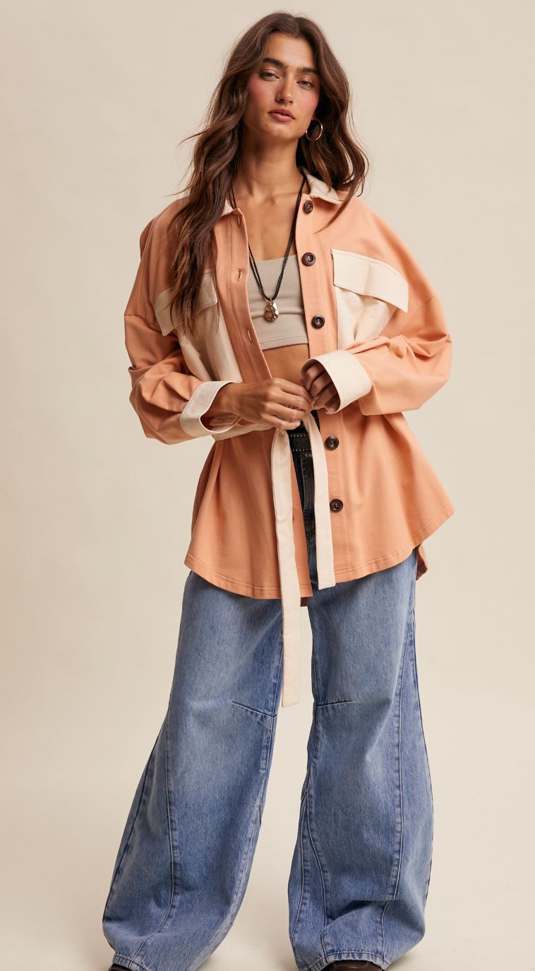 Brown Contrast Belted Shirt Jacket Shacket